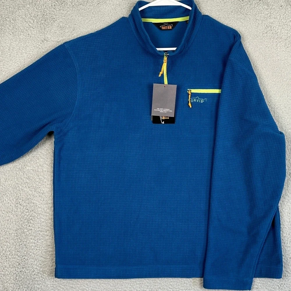 NEW Orvis Trout Bum Sweater Mens XL Blue Green Grid Fleece Quarter Zip Pullover